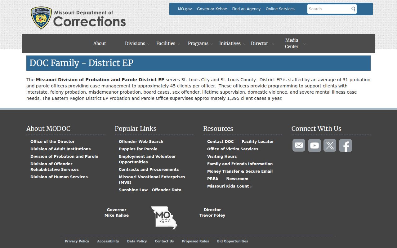 Missouri Department of Corrections District EP profile serving St. Louis County