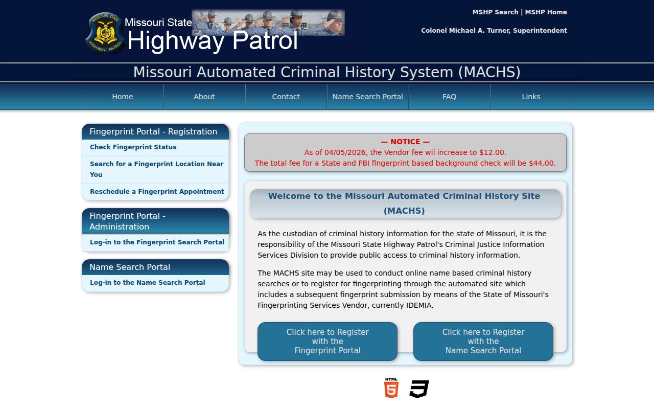 MACHS official criminal history portal choices for Missouri
