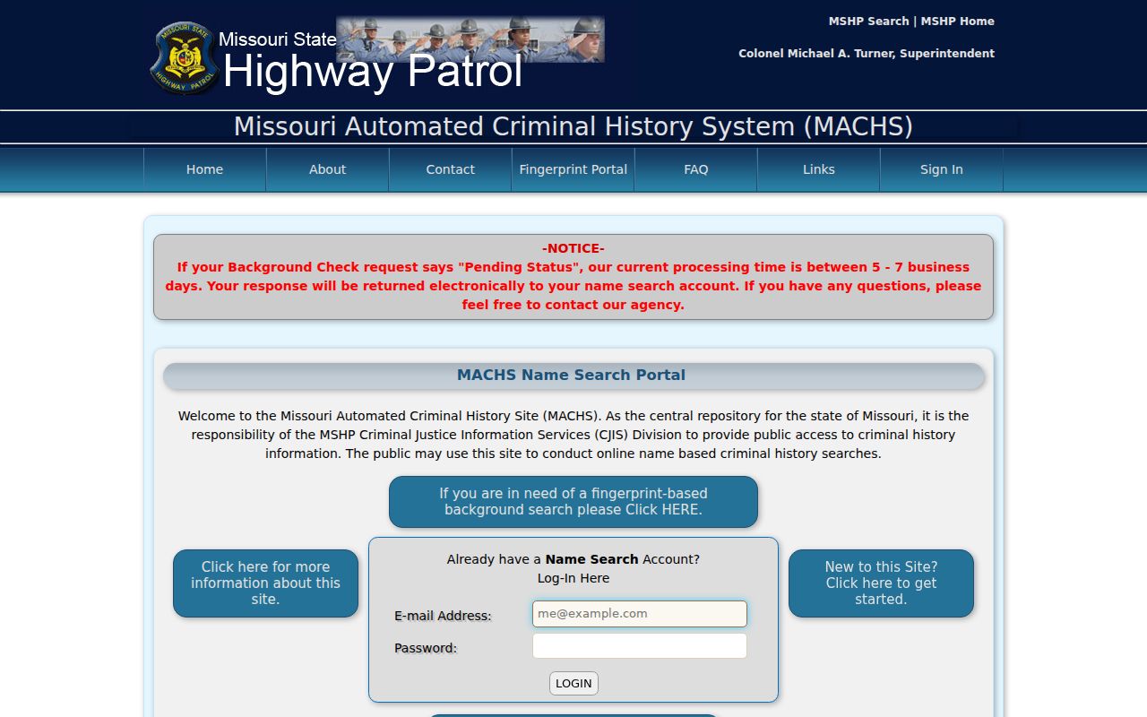 Missouri MACHS name search interface for criminal history requests