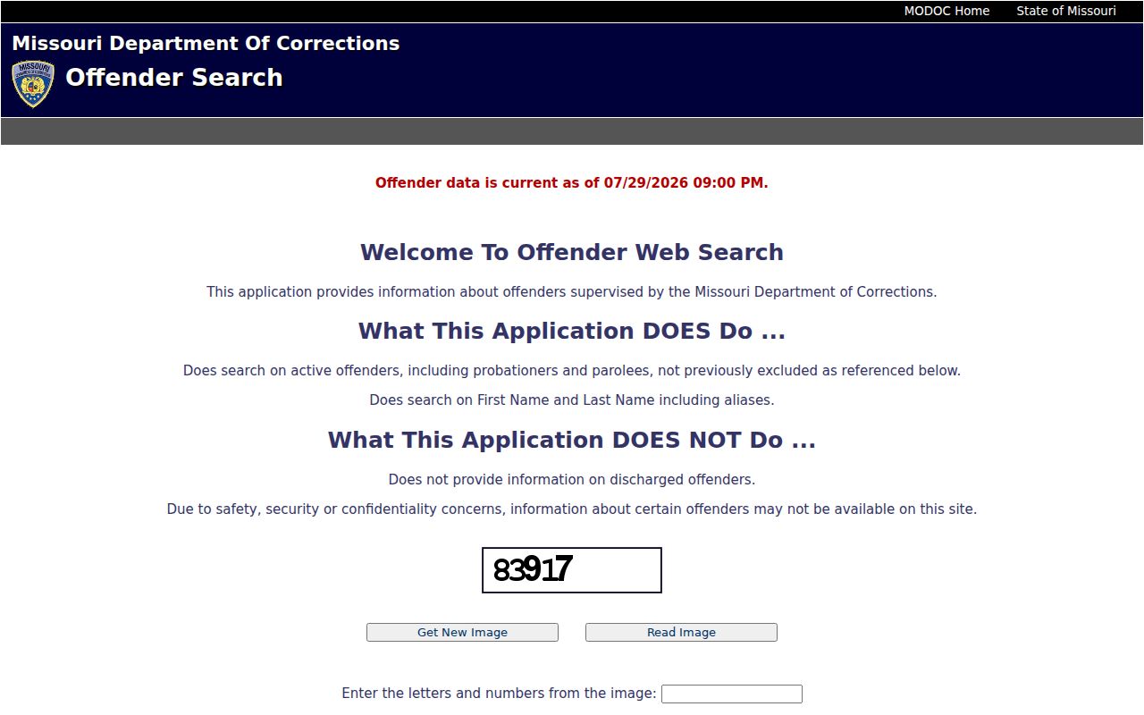 Missouri Department of Corrections offender search interface